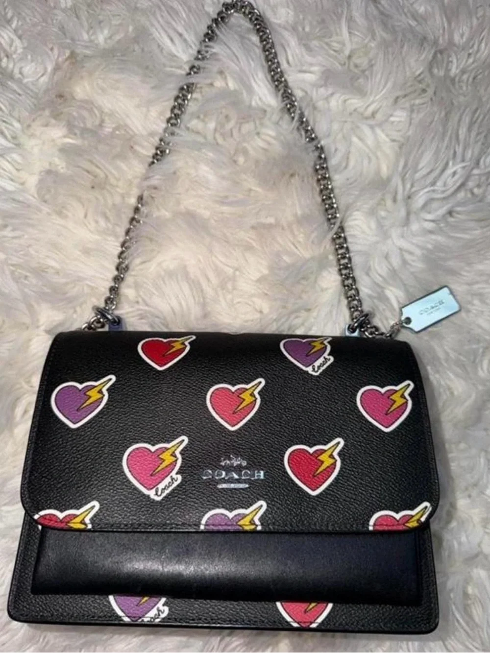 Coach Black Leather Shoulder Bag with Pink & Purple Heart Lightning Motif